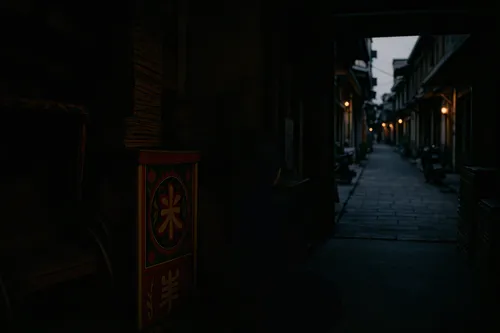 a dimly lit street is pictured in this dark picture,street lantern,old linden alley,passage,alley,alleyway,narrow street,the street,medieval street,the cobbled streets,storefronts,streetlamps,street l