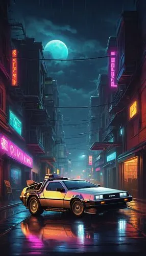 DeLorean, pixel art style, 80s futuristic car, stainless steel body, gull-wing doors, flashing headlights, neon lights, sci-fi elements, cityscape at night, rainy streets, dark alleys, misty atmospher