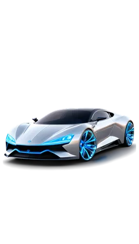 High-tech futuristic car, sleek design, metallic silver body, glowing blue headlights, angular lines, sports car wheels, shiny rims, luxurious interior, leather seats, advanced computer system, hologr