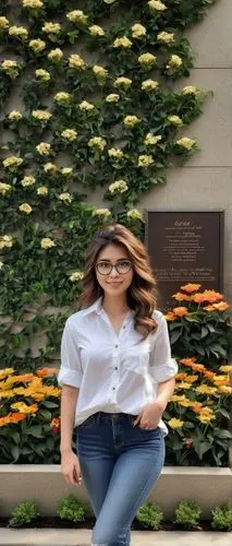 Young adult, architecture student, glasses, messy brown hair, casual makeup, white shirt, dark blue jeans, sneakers, holding a large portfolio, standing in front of a modern university building, with 
