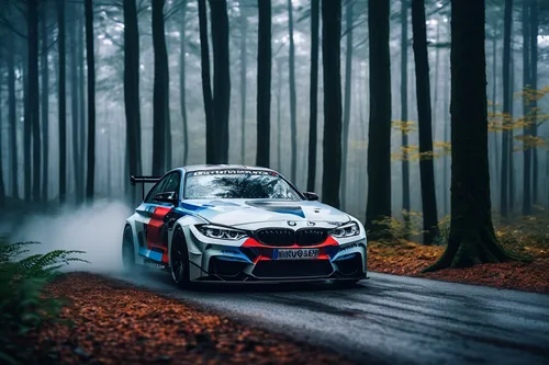 Create a moody scene where a BMW Motorsport car drifts through a misty forest.,mégane rs,foggy forest,bmw m2,autumn fog,bmw,nürburgring,m4,bmw m4,germany forest,in the forest,1 series,m6,foggy day,p1,
