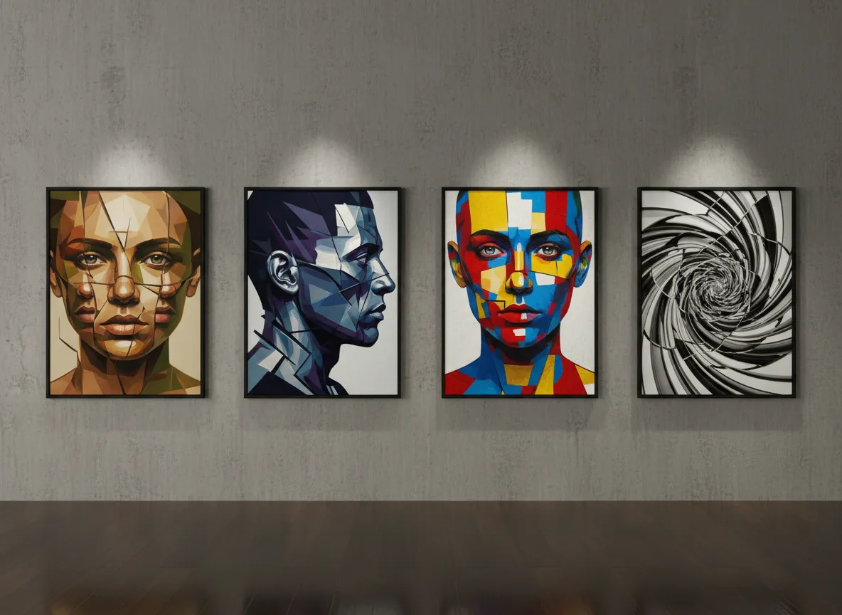 Una galleria di quattro diversi ritratti frammentati generati dall'IA, ognuno dei quali esplora lo stile cubista in modo unico.