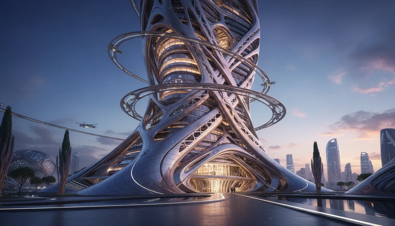 Un'immagine mozzafiato, generata dall'AI, di un edificio futuristico con complessi pattern parametrici e curve fluide e organiche, che si illumina al crepuscolo.
