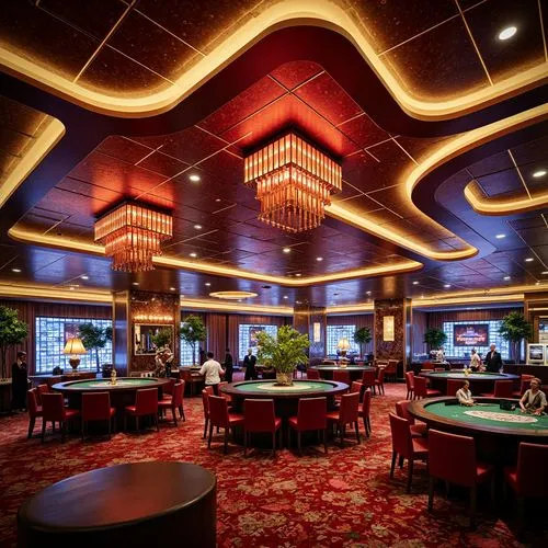 Vibrant neon lights, flashy signage, bold typography, ornate decorations, lavish furnishings, rich velvety textures, glossy marble floors, mirrored ceilings, dramatic spotlights, warm golden tones, de