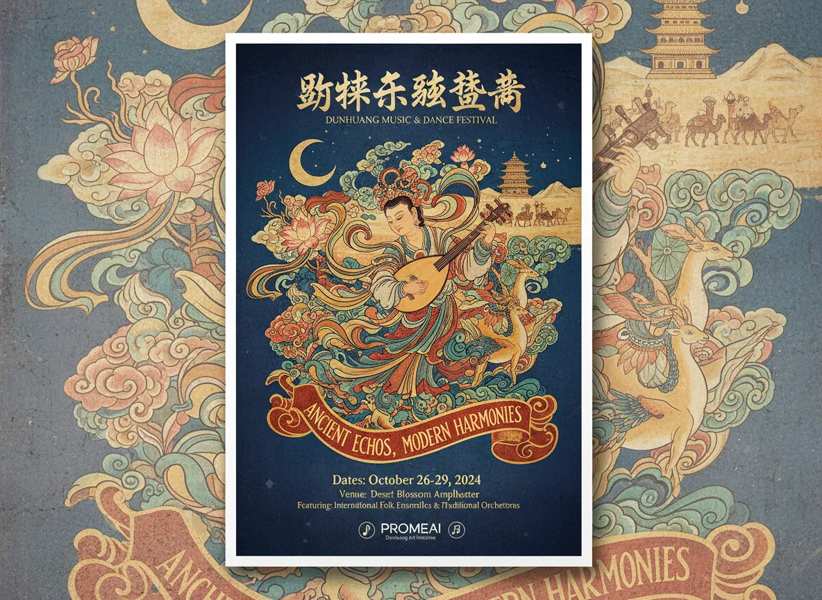 مثال على ملصق فعالية مكتمل يستخدم فن طراز دونهوانغ من PromeAI، مع دمج واضح للخطوط وتفاصيل الفعالية.