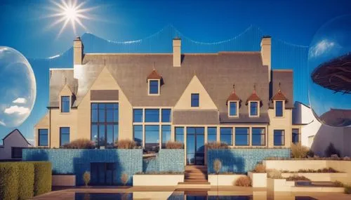glass bricks tiles garden sunlight blue sky landscape people lake,the large home is surrounded by tall trees and blue tiles,fairy tale castle,fantasy city,fantasy world,fairytale castle,cubic house,cu