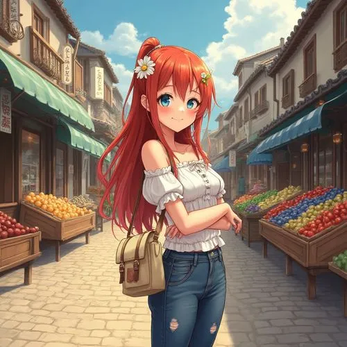 A vibrant, anime-style digital illustration of a bustling cobblestone street market in a quaint European or East Asian town, bathed in warm, golden sunlight with a partly cloudy sky. In the foreground