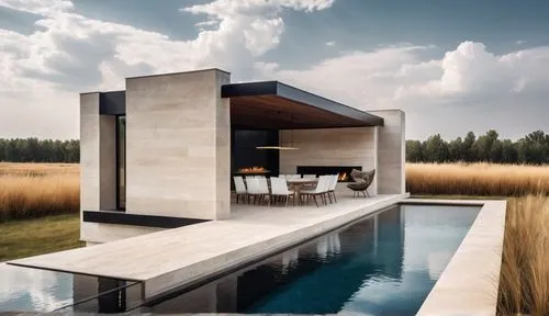 An ethereal photograph, A detailed, serene oil painting. Pool house exterior.  Dark black wood and white travertine stone. Long Fireplace on the far big wall. steppe with dry grass behind.,the outside