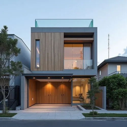  ,a three - story home with a large front porch, a garage, and two cars,modern house,weatherboards,modern architecture,cubic house,weatherboard,cube house,eichler,timber house,house shape,dunes house