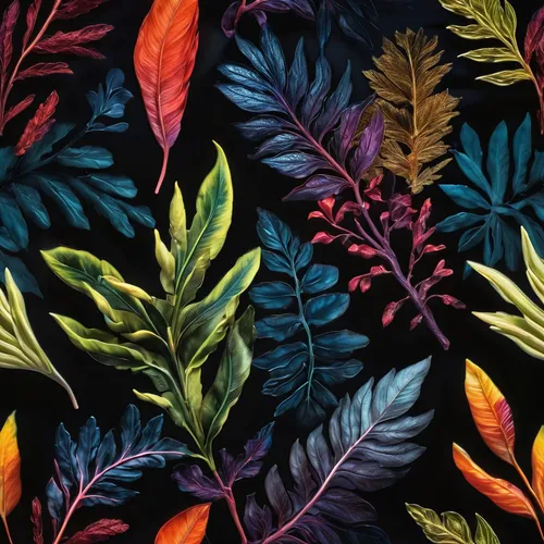 Create an inverted image with a dark and moody atmosphere.,tropical floral background,tropical leaf pattern,kimono fabric,colorful leaves,botanical print,embroidered leaves,floral digital background,c