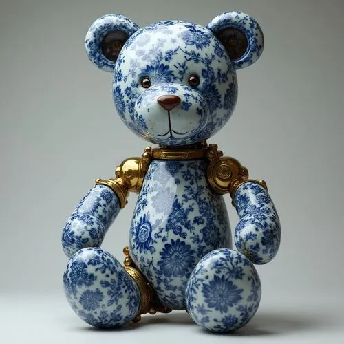 A detailed, intricately crafted mechanical teddy bear, adorned with intricate blue and white porcelain-style floral patterns, is presented against a neutral gray backdrop.

The scene is a close-up vie