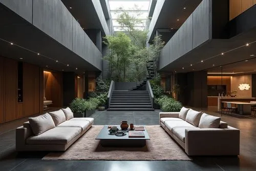 Italian Modern interior design in the style of aesthetics, Poliform Furniture style，Premium and Luxury， Exquisite, modern， large windows， The living room is adorned with elegant sofa sets, Large space