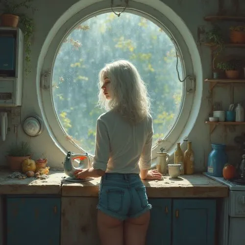 A captivating, cinematic painting depicting a young woman in a modern and cozy kitchen. She is immersed in her thoughts, exhibiting the essence of teenage angst. The large cylindrical window, adorned 