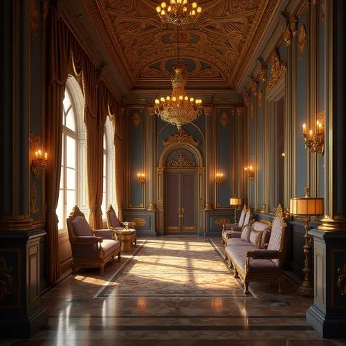 Intricate mosaics, golden accents, ornate columns, lavish furnishings, rich tapestries, grand chandeliers, marble floors, polished wood paneling, regal thrones, velvet drapes, opulent textures, dramat