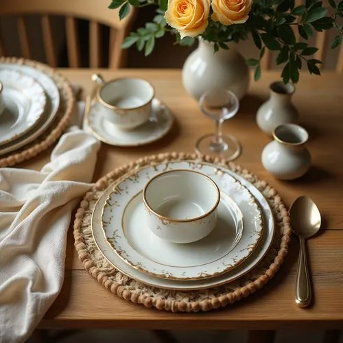 exclusive tableware,home staging
,a dinner set up with flowers in a vase and other plates,place setting,table setting,dinnerware,tableware,crockery,cup and saucer,dishware,vintage dishes,tea service,t