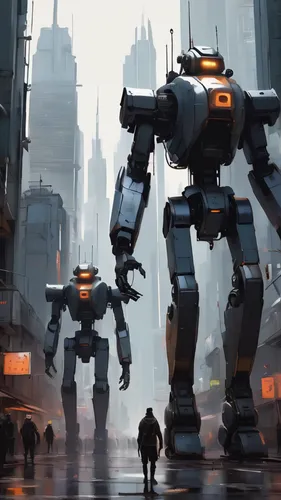 futuristic city with sleek, lumbering robots the size of skyscrapers walking around, 4k uhd, imposing scale, the robots have heads,mech,robots,mecha,robotics,machines,sci fiction illustration,robotic,
