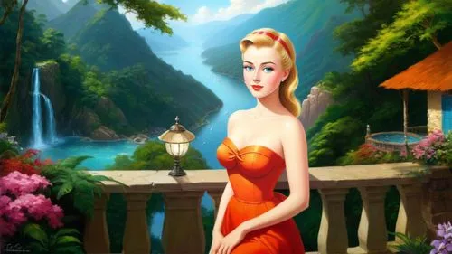 Romantic masterpiece oil painting, beautiful girl portrait, nostalgic 1950's style kitsch, vibrant rainforest,  mountaintop cottage landscape, lush tropical jungle paradise, summer beach scenery, by T