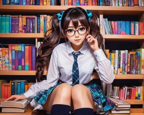 manga style, Japanese girl, black framed glasses, big eyes, twin tails, casual wear, white shirt, plaid skirt, knee high socks, brown shoes, sitting, bookshelf, manga books, colorful background, vibra