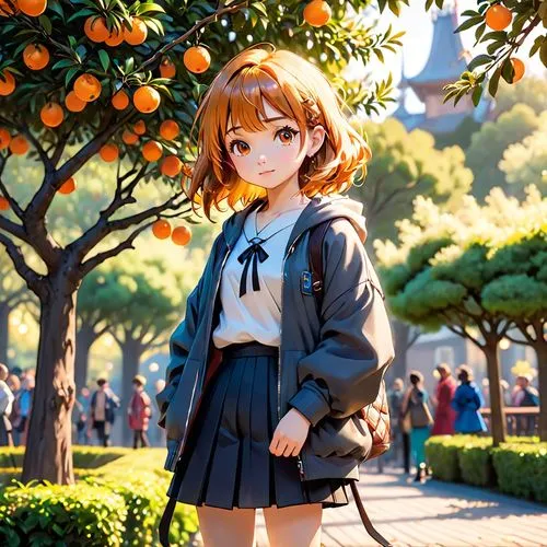 japanese style, manga, realistic,girl,orange tree,a  wearing school clothes stands under an orange tree,citrus,oranges,kumquat,tangerines,mirai,orange tree,Anime,Anime,Cartoon