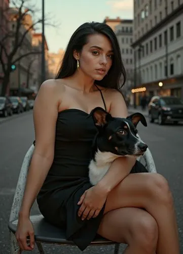 an oil paint full body of a beautiful caucasian young woman 23 years old, long black hair, wearing a  black minidress whit a neckline, she is sitting on a chair whit a beautiful black dog on her lap, 