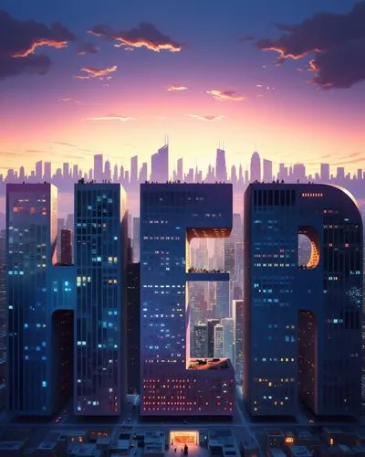 architecture city scape, buildings in "HER" shape,a city filled with tall buildings under a purple sky,cityscape,dusk background,city,city lights,evening city,skyline,city skyline,big city,the city,sk