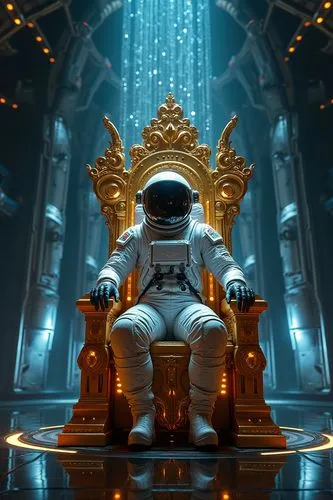 A futuristic golden throne with silver circuitry, an astronaut seated on it, illuminated by holographic projections. The throne is floating in a vast, dark space station with panoramic views of distan