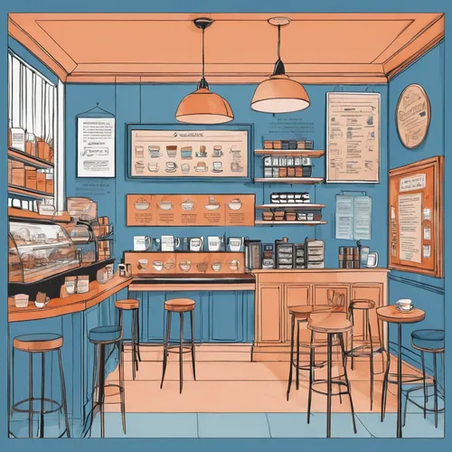 Interior design of a coffee shop, maximalist style, dusk blue and terracotta and cantaloupe color,watercolor tea shop,apothecary,coffee tea illustration,pharmacy,the coffee shop,soda shop,background v