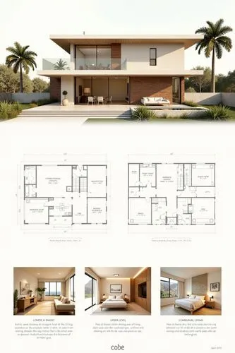 A professional architectural presentation board with a Pure background and a clean, minimalist design layout. The board includes:

Top Section: On the top left, a photorealistic render of a contempora