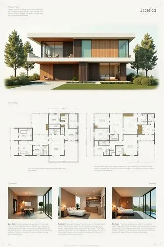A professional architectural presentation board with a Pure background and a clean, minimalist design layout. The board includes:

Top Section: On the top left, a photorealistic render of a contempora