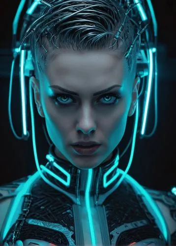 pencil drawing of girl,woman with light blue light on her head and blue glowing wires in her hair,cyberangels,cyborg,cyberdog,tron,cyberia,futuristic,cyberpunk,cyber,cyberian,cybernetic,Conceptual Art
