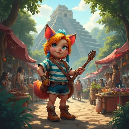 A chubby adorable tabaxi female with multicolored neon hair and a fluffy tail wearing shorts and a striped blue and white t-shirt with a guitar on her belt,there is a girl with an instrument and some 
