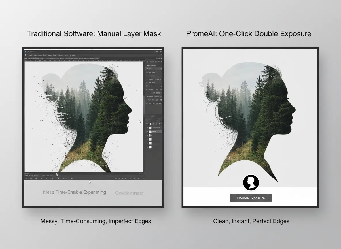 Un confronto affiancato che mostra una complessa maschera di livello manuale in un software tradizionale rispetto a un risultato pulito e con un solo clic dello strumento di doppia esposizione di PromeAI.