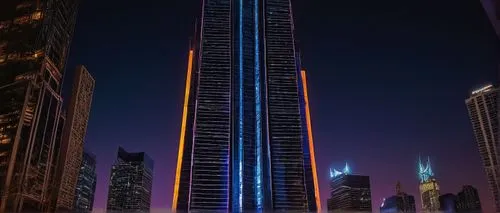 Modern futuristic skyscraper, sleek lines, geometric shapes, neon lights, reflective glass, metallic materials, intricate structures, symmetrical composition, cityscape background, night scene, atmosp