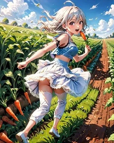 an anime woman running across a field holding a carrot,vegetable field,potato field,onion fields,corn field,picking vegetables in early spring,farming,farm background,agricultural,blooming field,agric