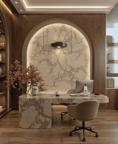 A luxurious office with a marble feature wall and an arched niche, complemented by a sleek curved desk and a plush chair. Soft natural light streams through large windows, and the decor includes books