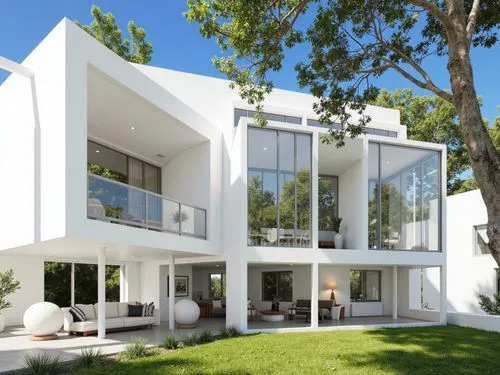 A photo-realistic rendering of a modern, minimalist white house with a contemporary design. the house is situated on a sunny day, with a clear blue sky visible in the background. the building has a wh