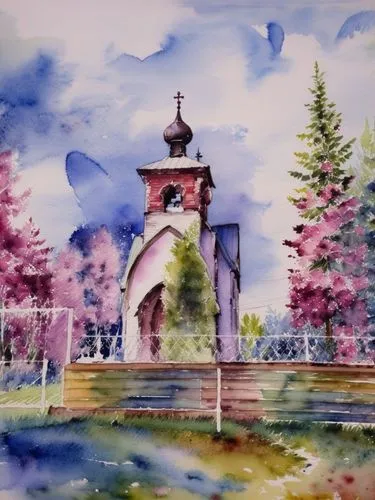Весенний пейзаж с церковью, акварель,the small building is painted in bright colors,watercolor background,watercolor,watercolor frame,watercolor painting,church painting,tori gate