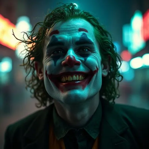 "Un primer plano del Joker, con una expresión maniaca mientras mira directamente a la cámara y se ríe a carcajadas. Su rostro está iluminado por una luz tenue y dramática, resaltando su piel blanca, l