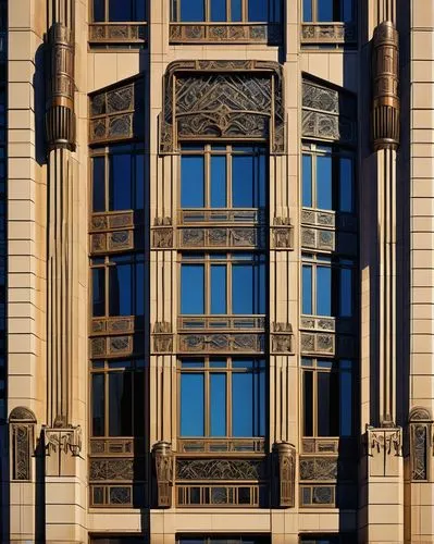 Chicago-style skyscraper, Art Deco inspired, geometric patterns, ornate metalwork, grand entrance, symmetrical composition, horizontal lines, rectangular windows, limestone exterior, bronze accents, i