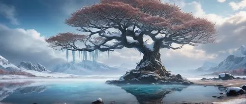 A detailed digital illustration of an ethereal stormy sky, with an ethereal, snow-covered landscape. The foreground is adorned with a  bonsai maple tree whose trunk reaches toward the dark water, whil