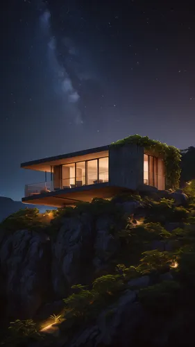 warm tropical architecture minimalist concrete cottage in top of a mountain with the stars of the night timelapse, high quality, 8k,dunes house,cubic house,3d rendering,sky space concept,render,3d ren
