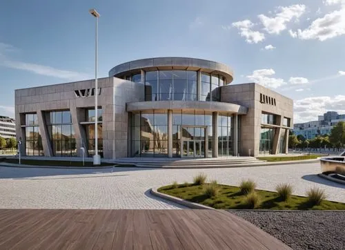  museum building color with futuristic architectural modern ,a large circular building with glass windows next to grass,chancellery,new city hall,headquarter,modern office,office building,company head