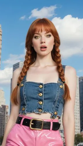 En la imagen se ve a una mujer de cabello largo y rojo claro, con ojos amarillos intensos que destacan mucho, mentón levemente levantado, boca abierta, labios gruesos, de 24 años. Lleva un top corto d