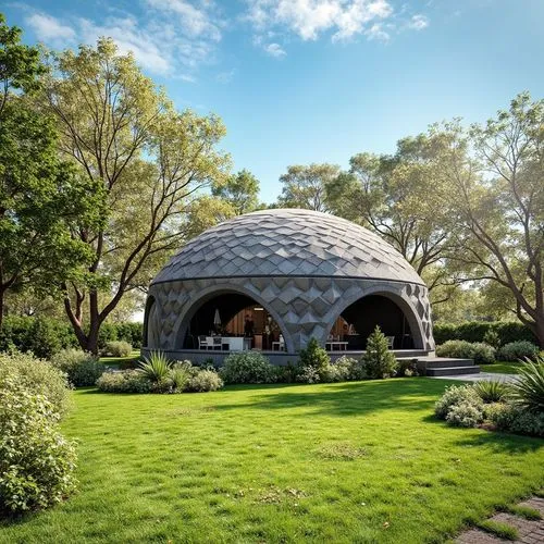 1. Forma general del domo:

Estructura semi ovalada con textura entrelazada en patrón de trenzado, hecha de concreto tipo concreto impreso en 3D. 100 mts2. máx. 10 metros de altura

El entorno es un p