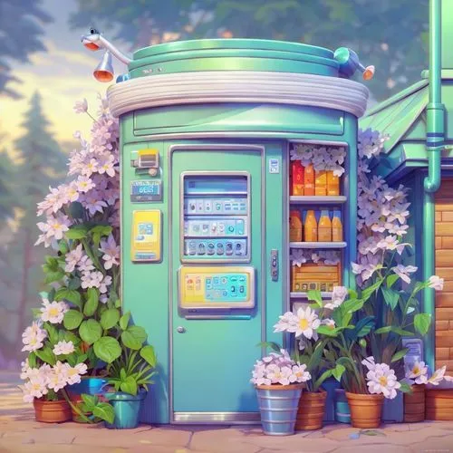 ice cream stand,flower booth,flower shop,convenience store,soda machine,vending machine,flower stand,fruit stand,vending machines,petrol pump,newspaper box,florist,grocery,gas-station,ice cream shop,i
