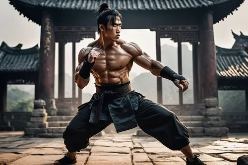 Martial artist, Chinese traditional guile fighter, intense facial expression, sharp eyes, messy black hair, sweat droplets on forehead, worn-out training clothes, torn sleeves, black belt with golden 