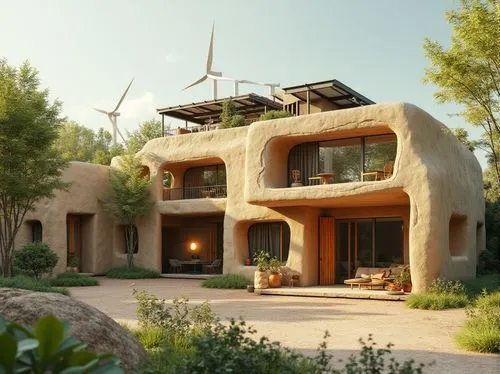 Sustainable architecture, eco-friendly building, sand-casted materials, textured walls, natural patterns, earthy tone, rustic windows, wooden door, green roof, solar panels, wind turbines, recycling s