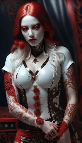 A woman with a porcelain-like complexion, adorned with intricate red and white tattoos, stares directly at the viewer. Her eyes are a deep crimson, and her lips are painted a soft red. She wears a whi