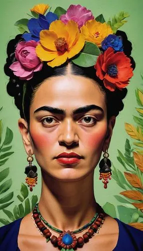 artwork depicting Frida Kahlo, an iconic Mexican painter known for her many portraits, self-portraits, and works inspired by the nature and artifacts of Mexico. The image captures her unique style, pr