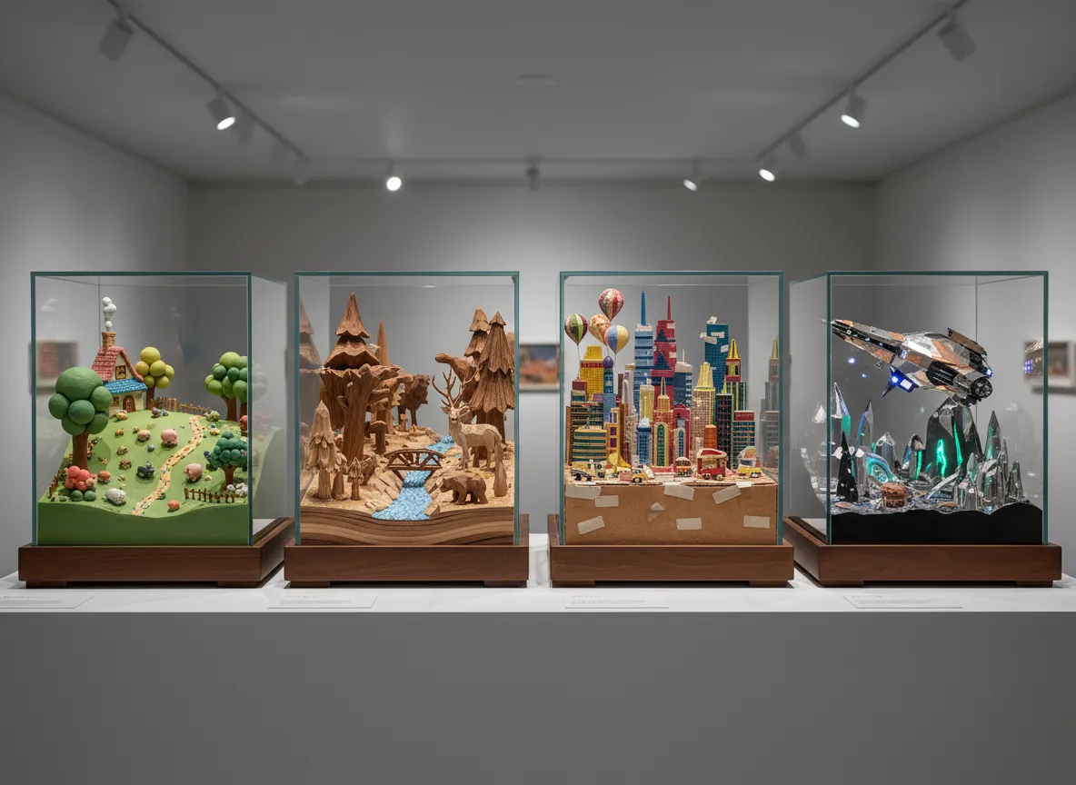 Eine Galerie mit vier kleinen Diorama-Bildern, jedes in einem anderen Stil: Knete, Holz, Papierkunst und futuristisches Metall.